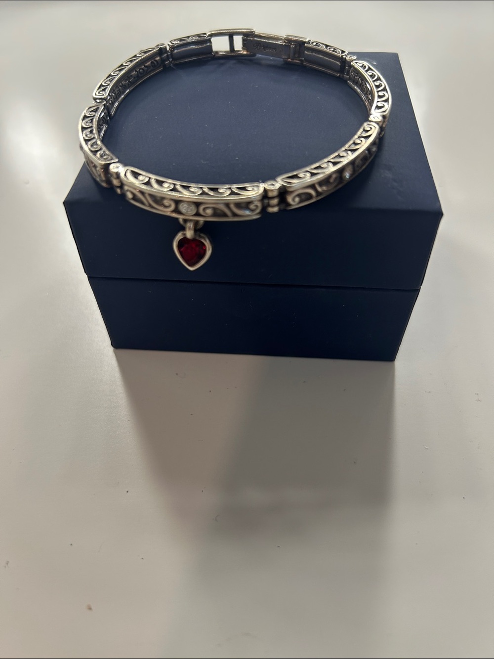 Brighton Silver-Tone Filigree Bangle Bracelet with Red Heart Charm